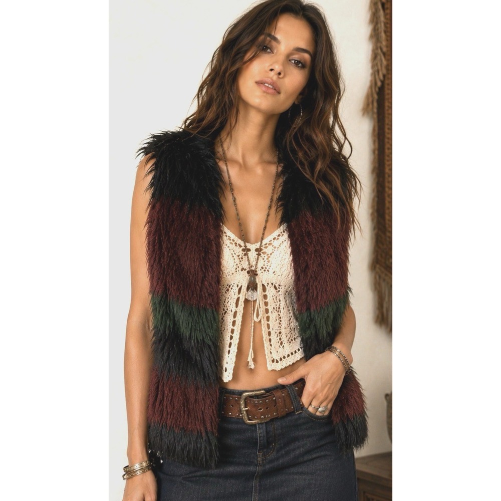 Gianni Bini Womens Striped Faux Fur Vest Size S Festival Coachella Boho Hippie